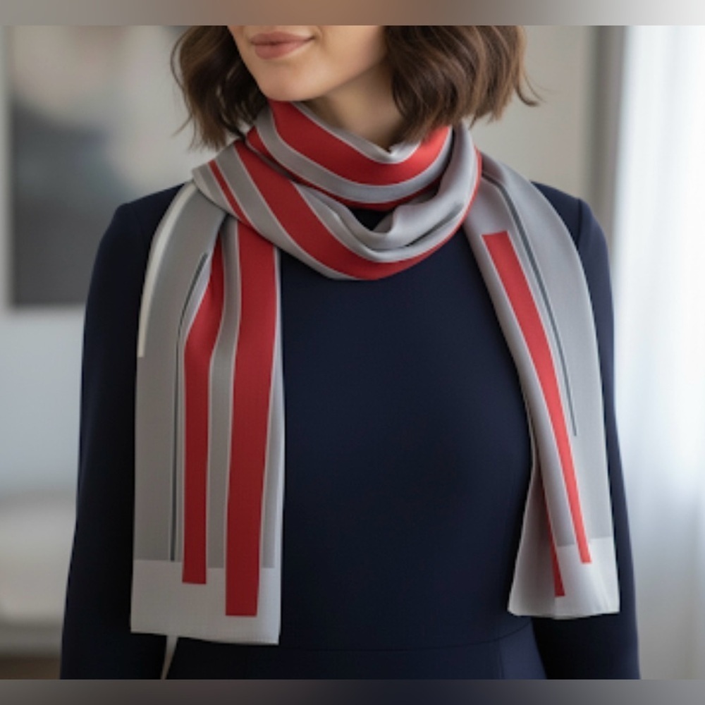 Jean Pierre Robin Silk Feel Red & Gray Striped Scarf - Picture 9 of 14